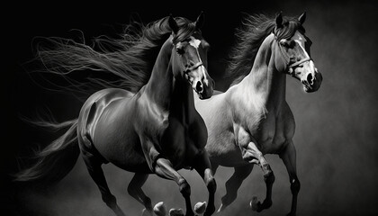 Obraz na płótnie Canvas Two black horses galloping side by side on a dark background