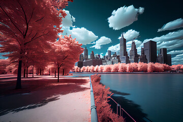Bright urban spring landscape. Flowering trees in the city in the infrared spectrum - obrazy, fototapety, plakaty