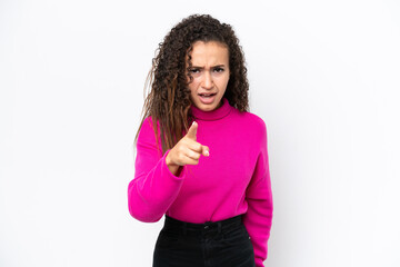 Young Arab woman isolated on white background frustrated and pointing to the front