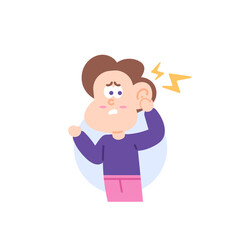 a boy feels pain in the ear. Symptoms of infection, inflammation of the ears, Labyrinthitis, perichondritis, otomycosis, otitis media and otitis externa. bear the pain. character illustration design