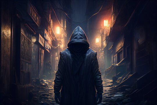 A thief or a swindler in dark clothes with a hood against the backdrop of a city gateway at dusk and at night