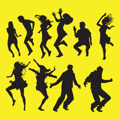 silhouettes of dancing people group vector illustration. Dancing man and woman, couple silhouette set