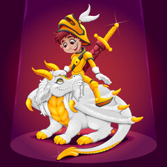 Knight with golden armor riding a white dragon. Cartoon vector illustration
