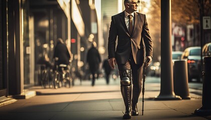 businessman walk with prosthetic leg, Generative AI