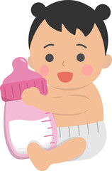 Baby or toddler with feeding bottle, delicious and nutritious milk, help to grow