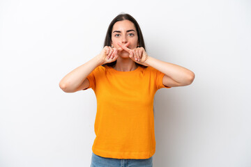 Young caucasian woman isolated on white background showing a sign of silence gesture