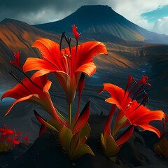 Obraz na płótnie Canvas A beautiful landscape with a volcano and flowers. Generative AI.