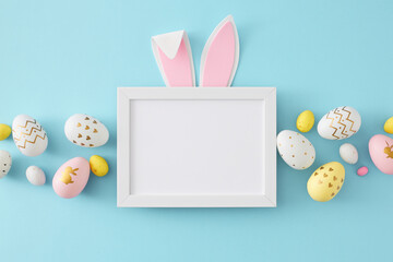 Easter concept. Flat lay photo of white photo frame with easter bunny ears colorful eggs on...