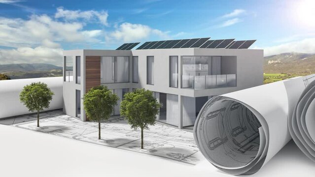 Entwurf einer  modernen energieeffizienten Luxus-Villa - 3D Visualisierung mit Video-Hintergrund in Endlosschleife