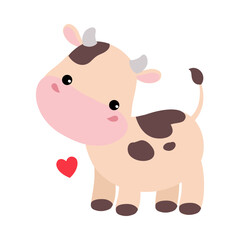Cute happy spotted baby cow with red heart. Adorable farm animal character cartoon vector illustration