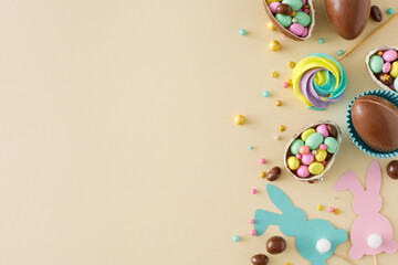 Fototapeta na wymiar Easter sweets concept. Top view photo of chocolate eggs with dragees sprinkles paper bunny toppers and meringue lollipops on isolated beige background with empty space