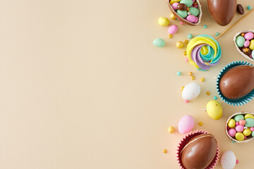 Fototapeta na wymiar Easter party concept. Flat lay photo of chocolate eggs with dragees sprinkles and meringue lollipops on isolated beige background with empty space. Easter sweets idea