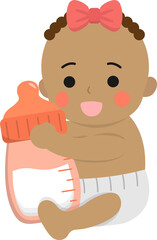 Baby or toddler with feeding bottle, delicious and nutritious milk, help to grow