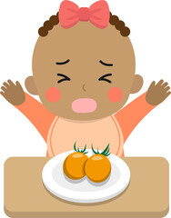 Picky eater child or baby with tomato, refusing to eat, crying loudly - obrazy, fototapety, plakaty