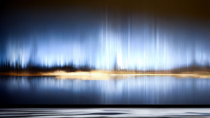 Abstract Futuristic Background With Reflections Of Light Rays In The Water. Blue And Golden Neon Glow.