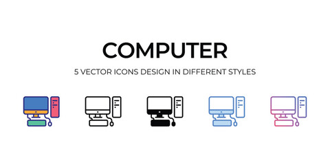 computer Icon Design in Five style with Editable Stroke. Line, Solid, Flat Line, Duo Tone Color, and Color Gradient Line. Suitable for Web Page, Mobile App, UI, UX and GUI design.