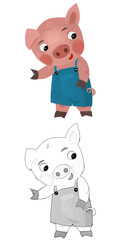 cartoon scene with farmer funnt pig rancher isolated illustration for children sketch