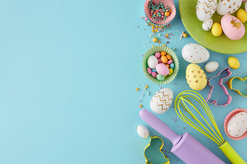 Easter cooking concept. Top view photo of green plate with colorful easter eggs kitchen utensils baking molds and sprinkles on isolated pastel blue background with empty space