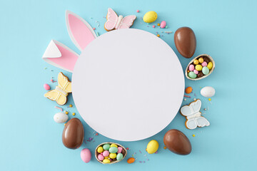 Easter concept. Flat lay composition of white circle chocolate easter eggs dragees gingerbread and sprinkles on isolated pastel blue background with blank space