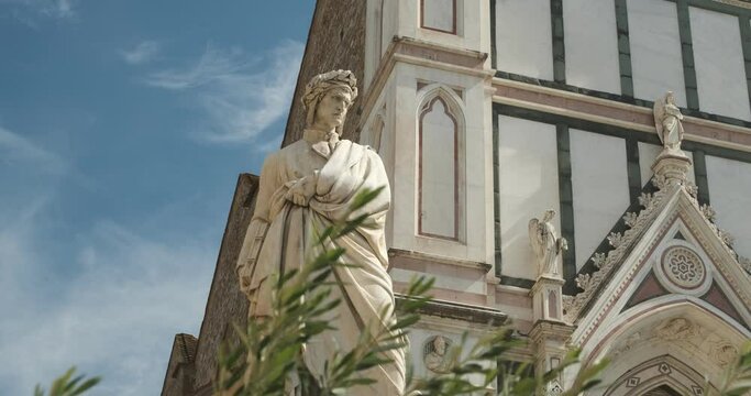 Dante Alighieri. Dante Alighieri in Florence.Statue of Dante in Piazza Santa Croce. Blue sky background. 