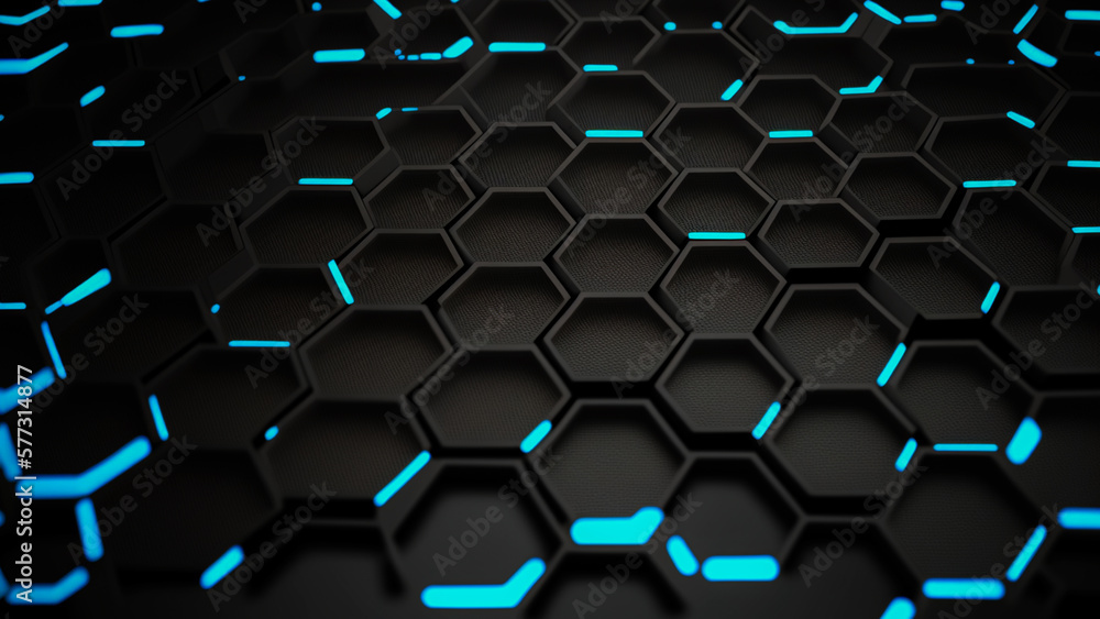 Poster 3d render, black abstract hexagonal background with cyan neon lights.