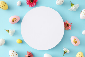 Easter atmosphere concept. Top view composition of white circle colorful easter eggs and flowers on isolated pastel blue background with blank space