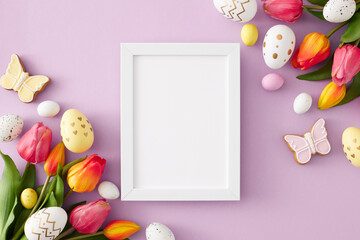 Easter celebration concept. Top view composition of white photo frame colorful easter eggs pink tulips and gingerbread on isolated lilac background