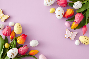 Fototapeta na wymiar Easter concept. Top view photo of colorful easter eggs tulips flowers and butterfly shaped gingerbread on isolated lilac background with empty space in the middle