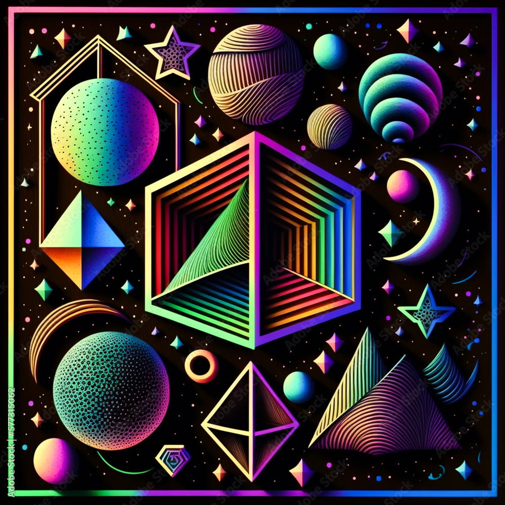Poster colorful abstract geometric elements or universe background. 3d rendering.