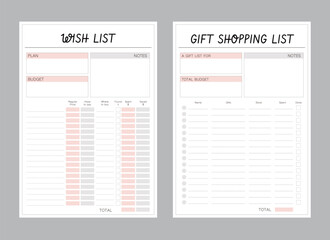 Wish List and gift shopping list Planner template. Minimalist planner template set. Vector illustration.
