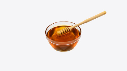 Honey in a bowl, white background, text space