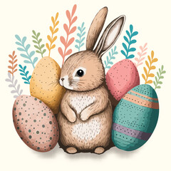 Illustration of Cute Bunny Character With Colorful Printed Eggs Against Leaves For Happy Easter Concept.