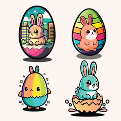 Set Of Different Style Cartoon Rabbit Inside Egg. Happy Easter Concept.