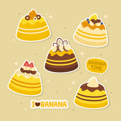 Hand drawn cute banana cake sticker set collection vector design