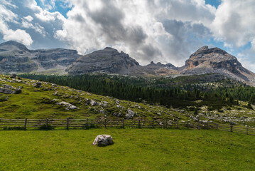 Fototapeta na wymiar View from Ucia Fanes in higher part of Fanes valley in the Dolomites
