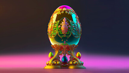 3D Render of Shiny Floral Easter Egg Stand or Pedestal Against Pink And Brown Background And Copy Space. Happy Easter Concept.