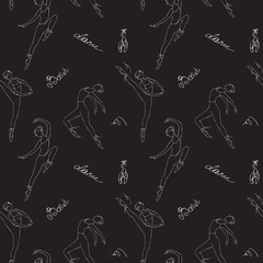 Seamless pattern with cute ballet dancers and lettering. Woman dancing ballet, texture wallpaper template. Silhouette of ballerinas on black background. Hand drawn girls dancers. © naum