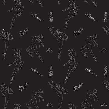 Seamless pattern with cute ballet dancers and lettering. Woman dancing ballet, texture wallpaper template. Silhouette of ballerinas on black background. Hand drawn girls dancers.