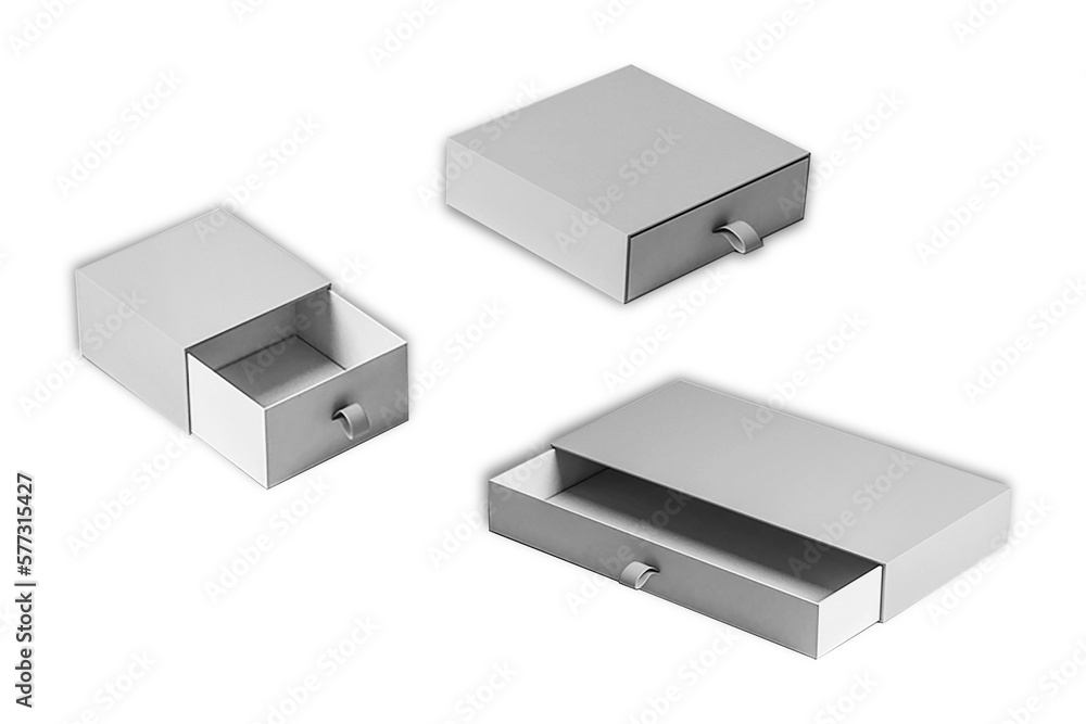 Poster realistic set of open and closed package cardboard ribbon pull and slide drawer boxes mockup isolate
