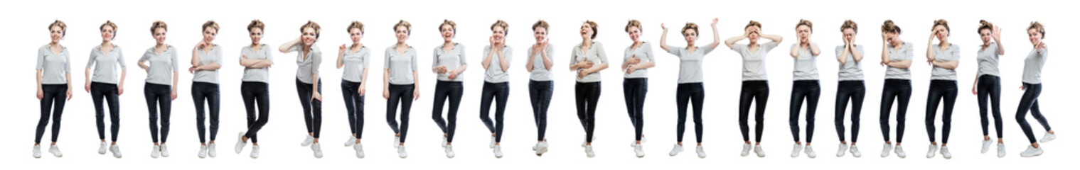 Obraz premium A young woman is standing. Pretty woman with different emotions in black leggings and a gray t-shirt. Joy, laughter and sadness. Set, collage. Isolated on white background. Panorama format.