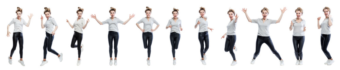 The young woman is jumping. Joyful beauty in black leggings and a gray t-shirt. Positivity and energy. Set, collage. Isolated on white background. Panorama format.