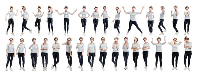 A young woman jumps and stands. Pretty woman with different emotions in black leggings and a gray t-shirt. Joy, laughter and sadness. Set, collage. Isolated on white background. Panorama format. - obrazy, fototapety, plakaty