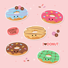 Hand drawn cute donuts sticker set collection vector design