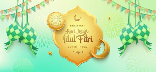 3d gold modern Islamic holiday banner, suitable for Ramadan, Eid Fitri, Eid Adha and Maulid. Moon and ketupat with islamic decor on soft green background.