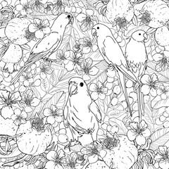 Obraz premium Antistress coloring page. Parrotlet and Parakeet parrots in nature, sit, play. Natural background of flowers, fruits, berries, leaves, pomegranate. For tattoo, coloring, print, clothes, children game