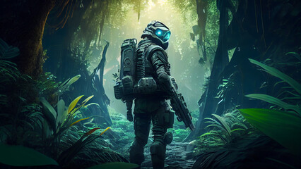 Fantasy landscape with a soldier in the jungle.