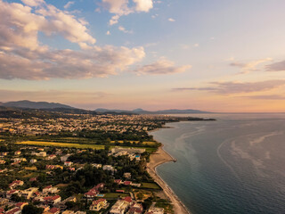 Obraz premium Aerial view Charilaos Trikoupis Bridge by drone. Summer Greece. Panorama.