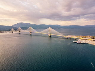 Aerial view Charilaos Trikoupis Bridge by drone. Summer Greece. Panorama.