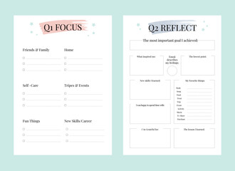 Obraz na płótnie Canvas Q1 Focus and Q2 Reflect planner. Minimalist planner template set. Vector illustration.