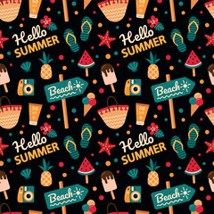  Vector seamless pattern with beach features. Summer pattern with a beach bag, sunscreen, slates, ice cream, watermelon and pineapple